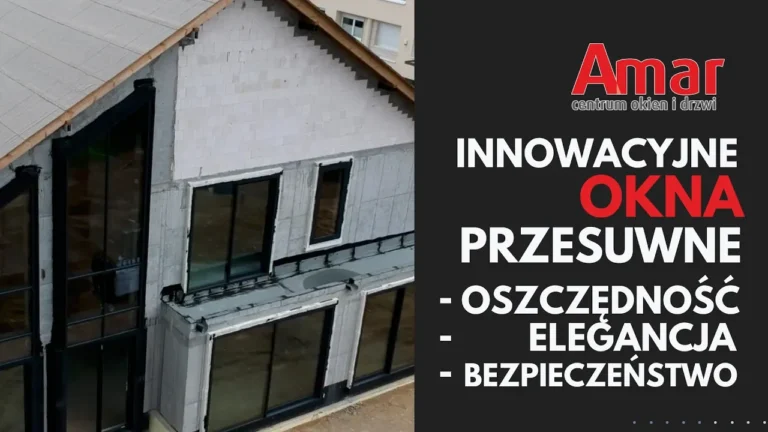 Nowoczesne okna przesuwne w budynku, podkreślające elegancję i oszczędność energii, z widocznymi detalami konstrukcyjnymi okien PVC i aluminiowych. Idealne rozwiązanie dla nowoczesnych wnętrz, z potencjałem na zastosowanie rolet zewnętrznych lub żaluzji fasadowych.